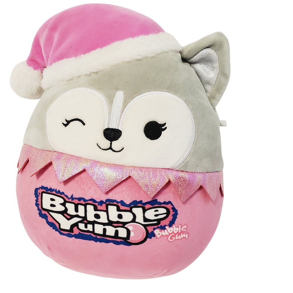 Squishmallows Bubble Yum Fox Pink Grey Winking Plush Toy Santa Hat